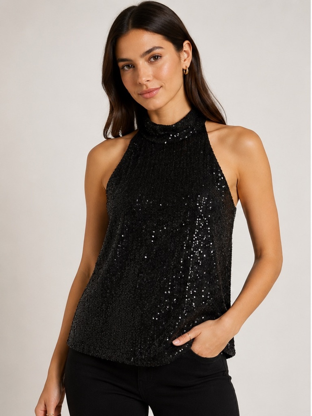 Chelsea28 Black Sequin Halter Tie Neck Top